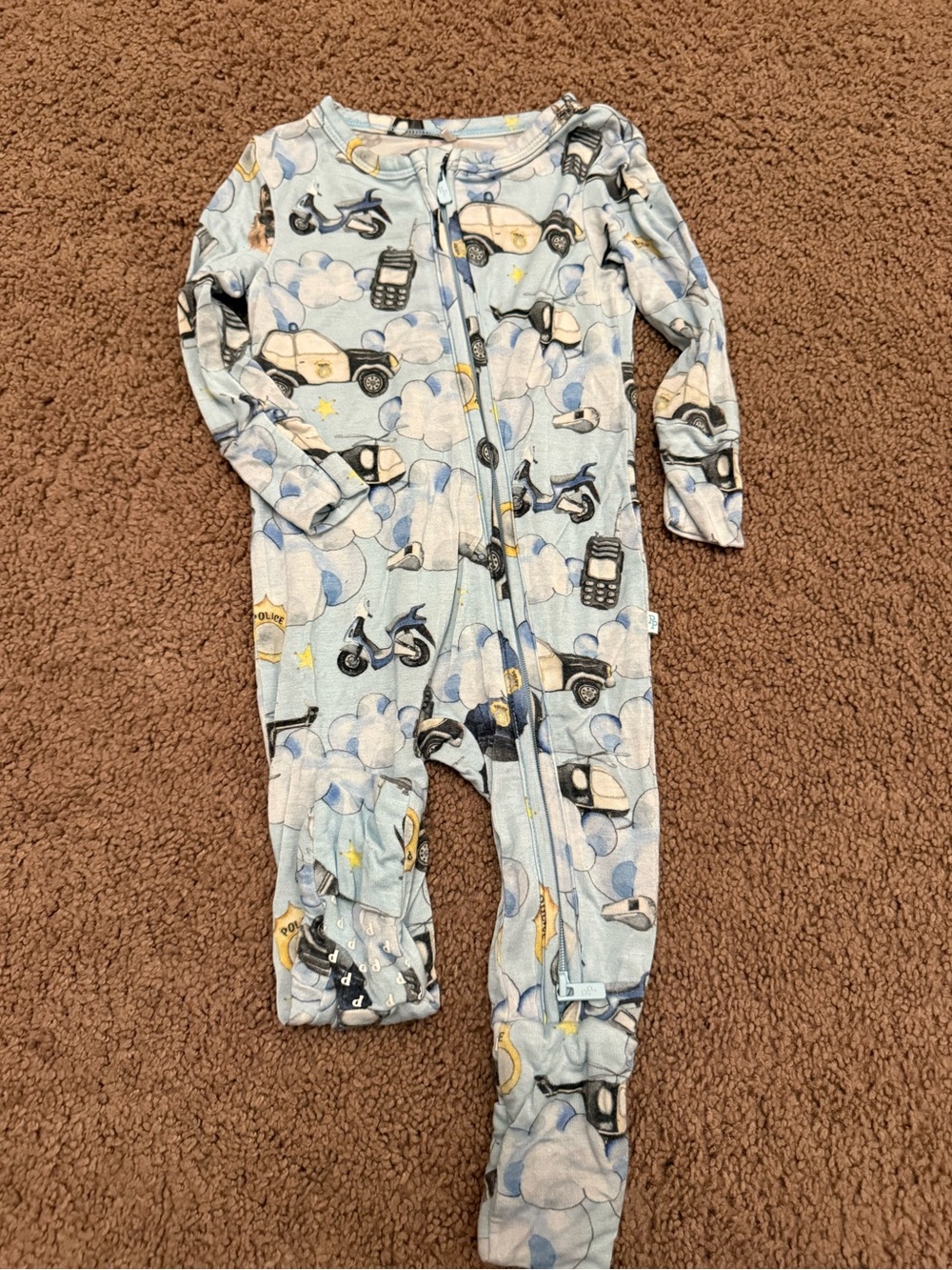 Posh Peanut Light Blue Cloud & Police Vehicles Footed One-Piece